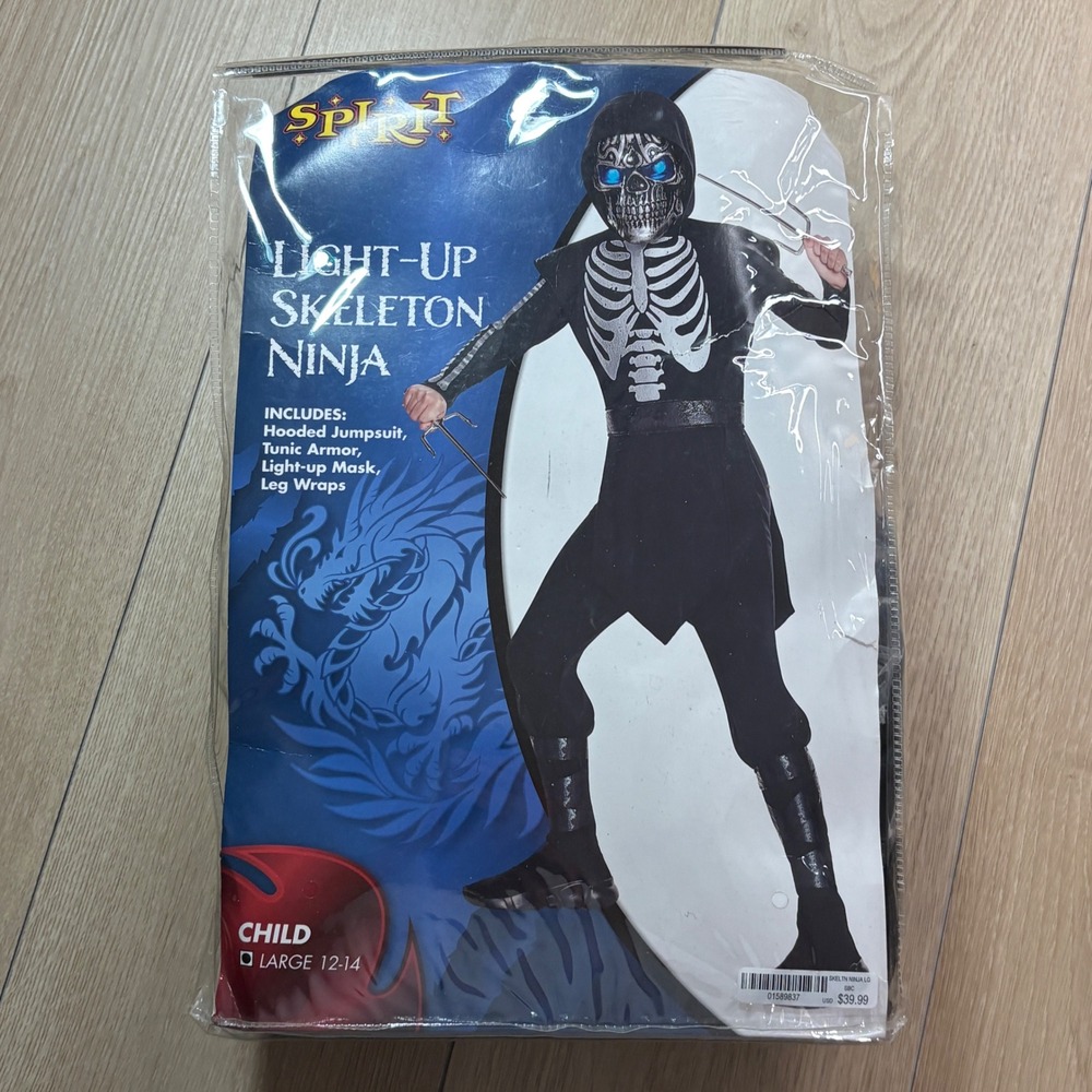 Spirit Halloween Light-Up Skeleton Ninja Costume Kids Large 12-14 Black Silver
